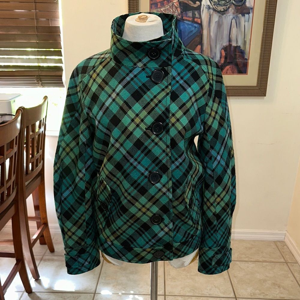 Jones New York Plaid Women's Jacket - Green/Black w/ Large Buttons Size Medium